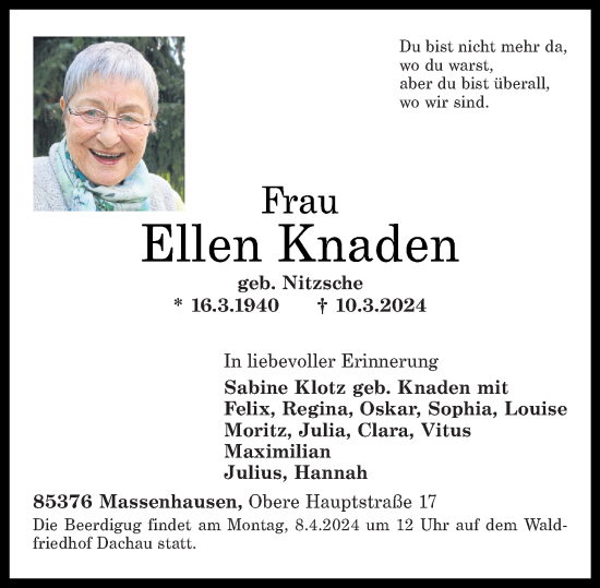 Traueranzeigen Von Ellen Knaden Rz Trauer De