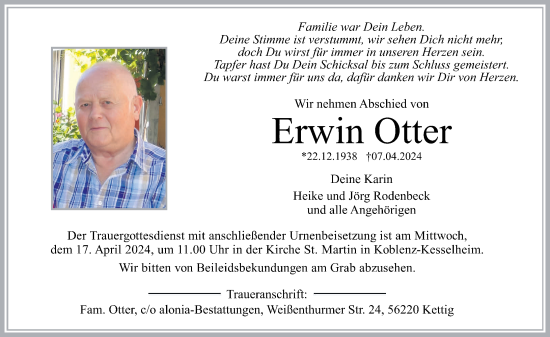 Traueranzeigen Von Erwin Otter Rz Trauer De