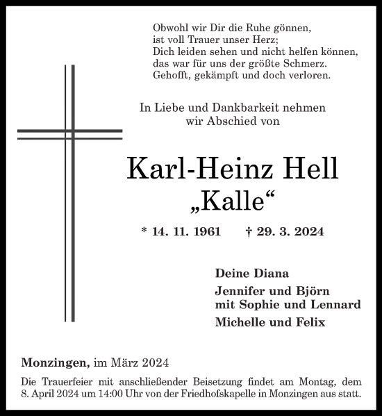 Traueranzeigen Von Karl Heinz Hell Rz Trauer De