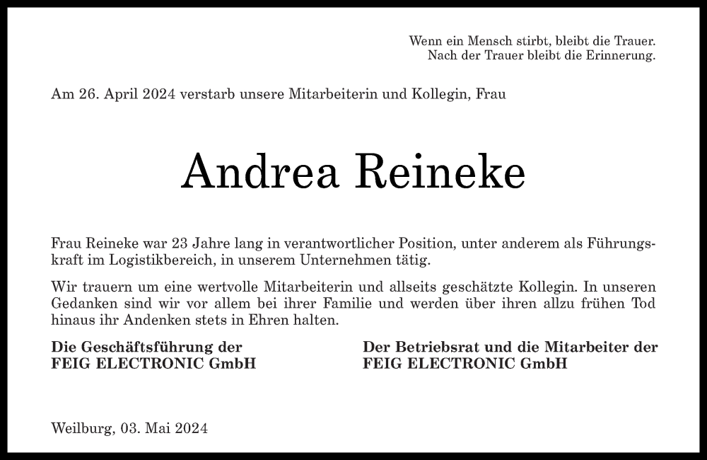 Traueranzeigen Von Andrea Reineke Rz Trauer De