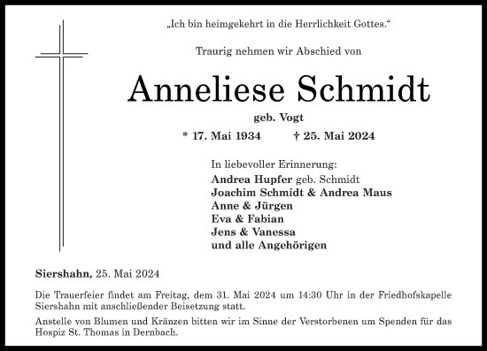 Traueranzeigen Von Anneliese Schmidt Rz Trauer De