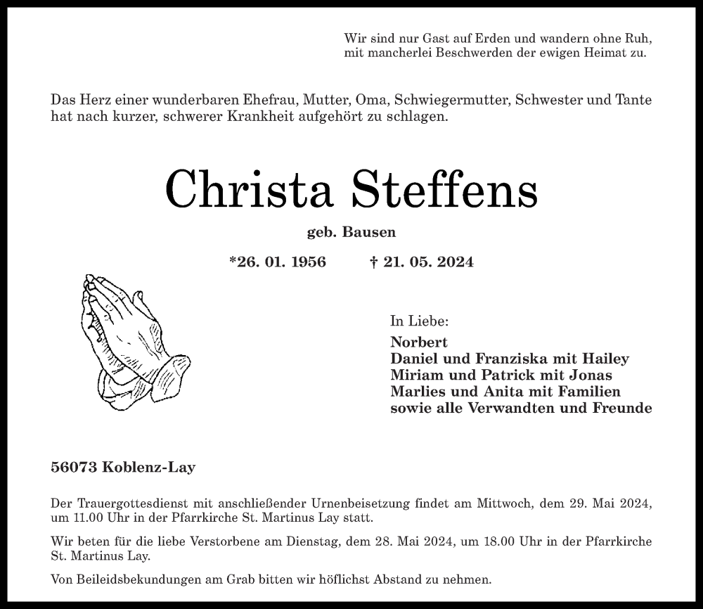 Traueranzeigen Von Christa Steffens Rz Trauer De