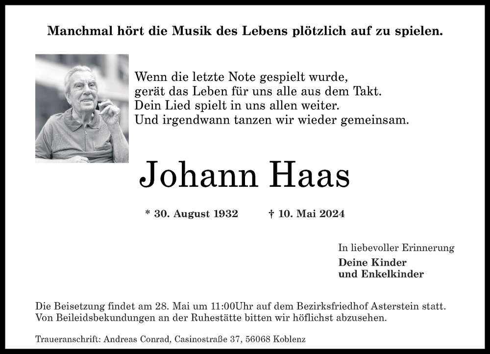 Traueranzeigen Von Johann Haas Rz Trauer De