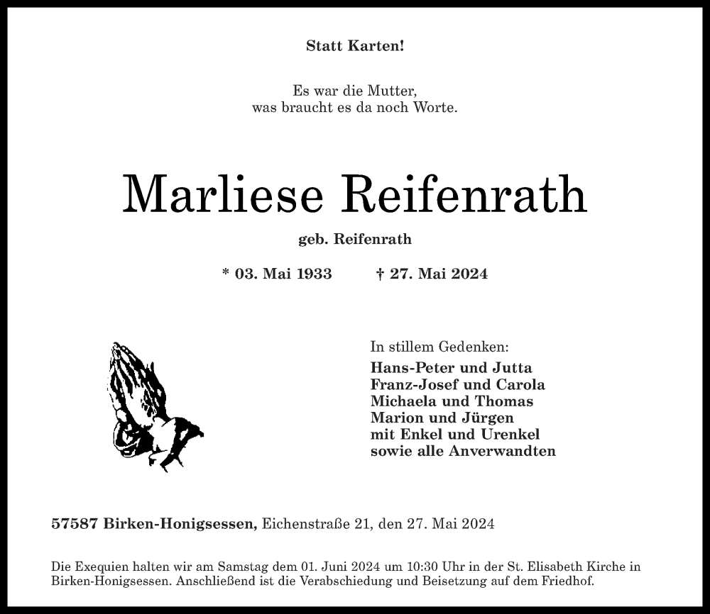 Traueranzeigen Von Marliese Reifenrath Rz Trauer De