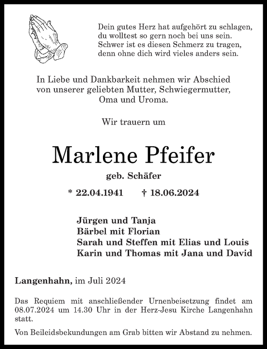 Traueranzeigen Von Marlene Pfeifer Rz Trauer De