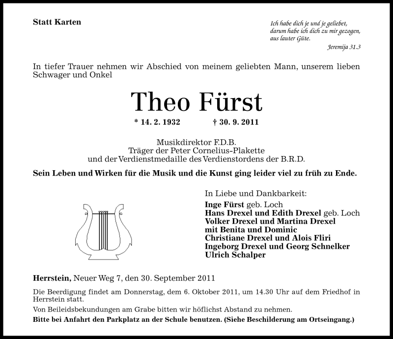  Traueranzeige für Theo Fürst vom 04.10.2011 aus Rhein-Zeitung