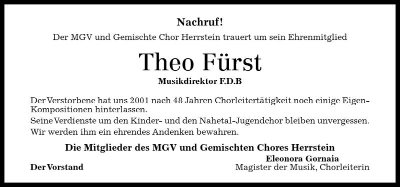 Traueranzeige für Theo Fürst vom 05.10.2011 aus Nahe-Zeitung