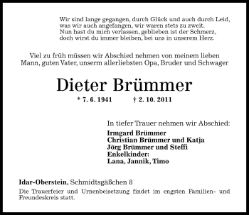 Traueranzeige von Dieter Brümmer von Nahe-Zeitung