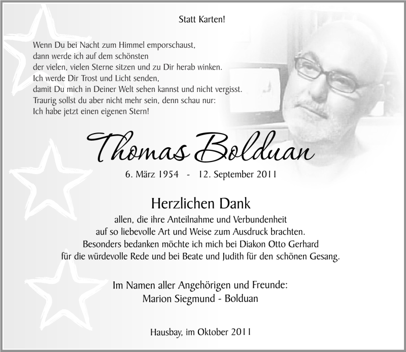  Traueranzeige für Thomas Bolduan vom 08.10.2011 aus Rhein-Hunsrück-Zeitung