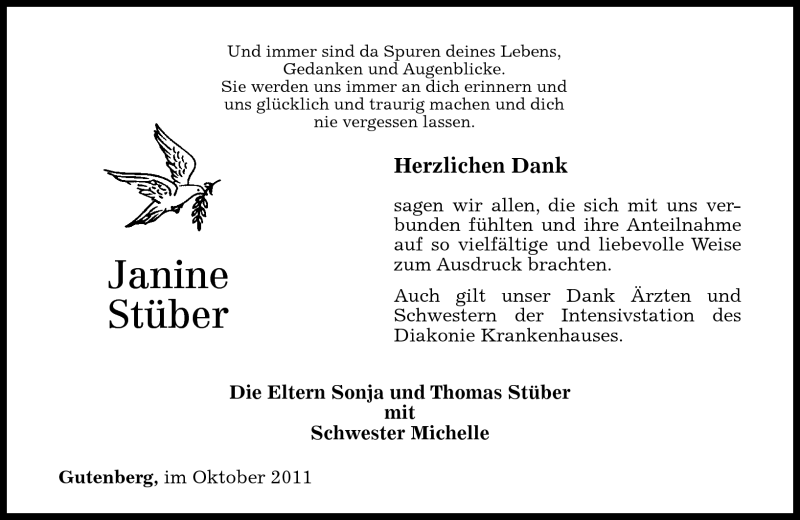  Traueranzeige für Janine Stüber vom 08.10.2011 aus Oeffentlicher Anzeiger