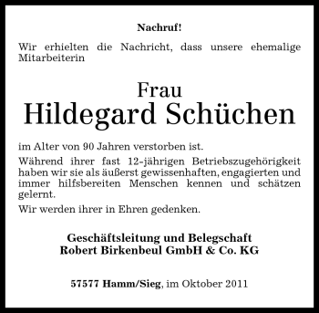 Traueranzeige von Hildegard Schüchen von Rhein-Zeitung
