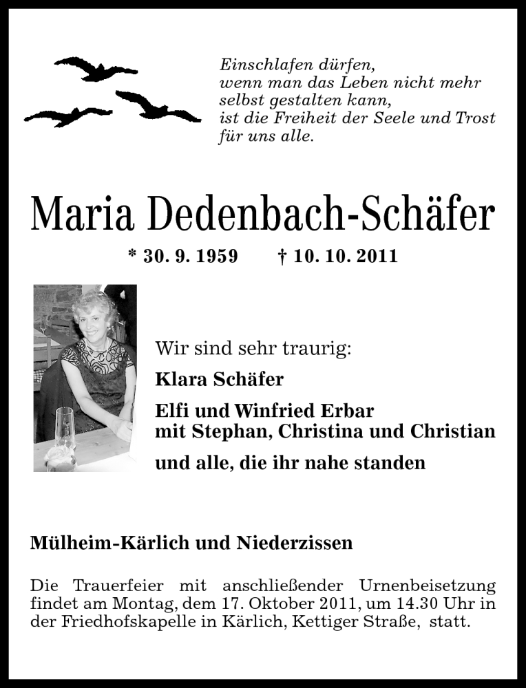  Traueranzeige für Maria Dedenbach-Schäfer vom 15.10.2011 aus Rhein-Zeitung
