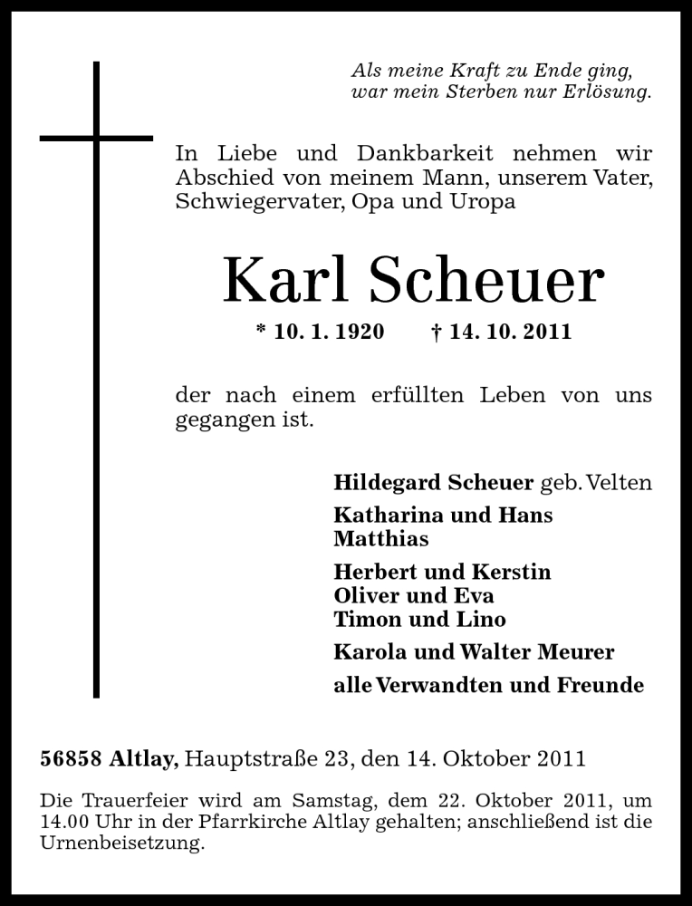  Traueranzeige für Karl Scheuer vom 17.10.2011 aus Rhein-Zeitung