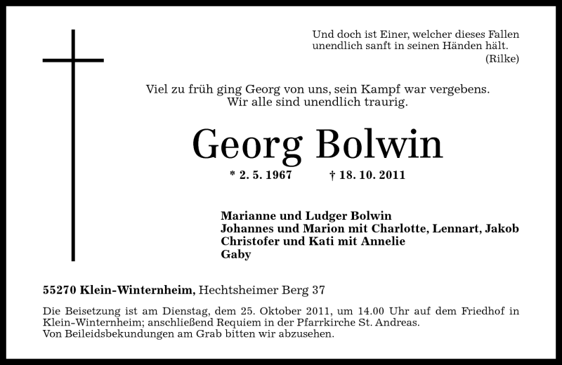  Traueranzeige für Georg Bolwin vom 21.10.2011 aus Rhein-Zeitung