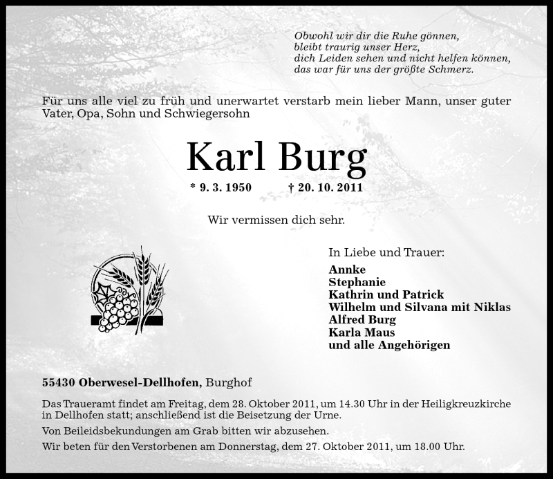  Traueranzeige für Karl Burg vom 24.10.2011 aus Rhein-Hunsrück-Zeitung