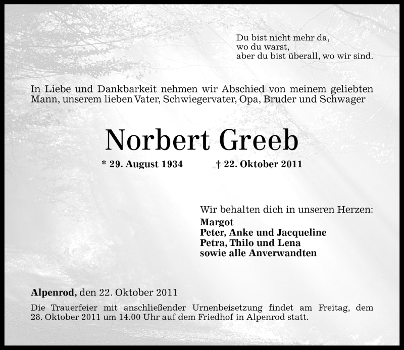  Traueranzeige für Norbert Greeb vom 25.10.2011 aus Westerwälder Zeitung