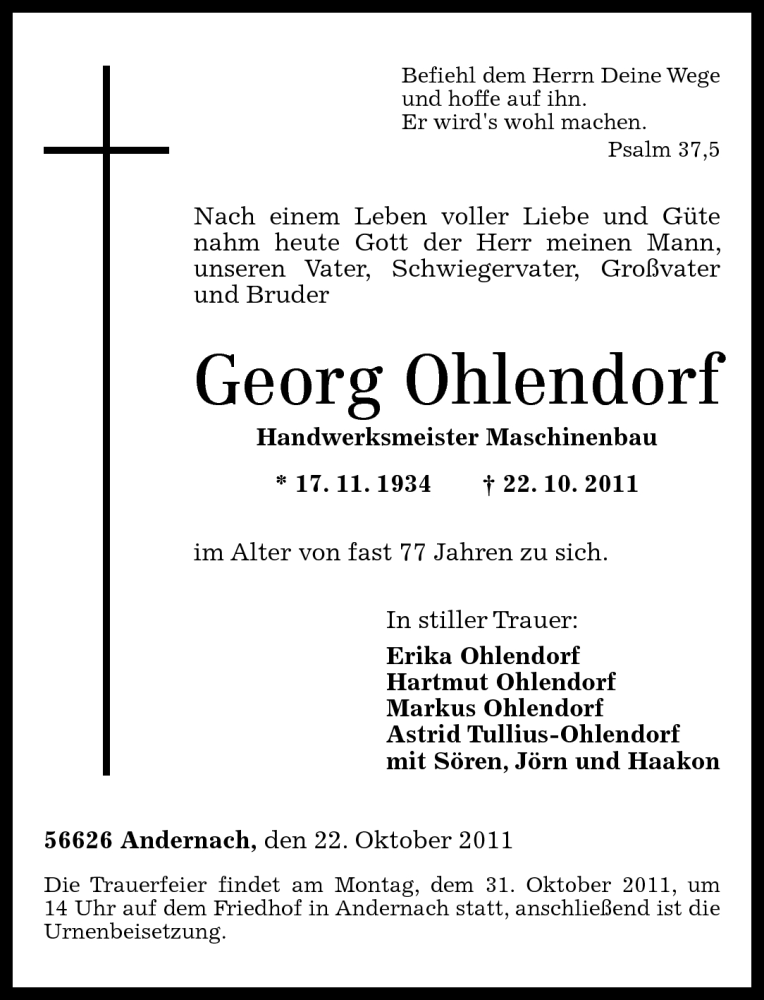  Traueranzeige für Georg Ohlendorf vom 26.10.2011 aus Rhein-Zeitung