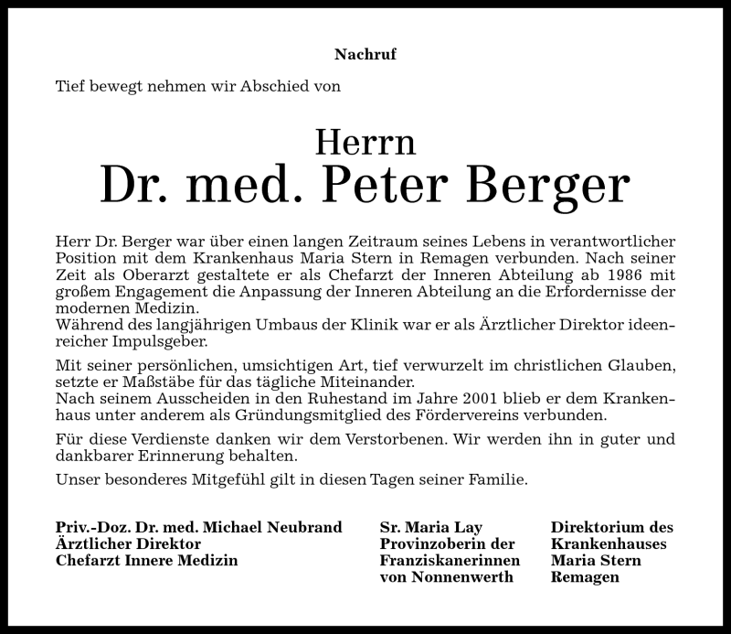  Traueranzeige für Peter Berger vom 26.10.2011 aus Rhein-Zeitung