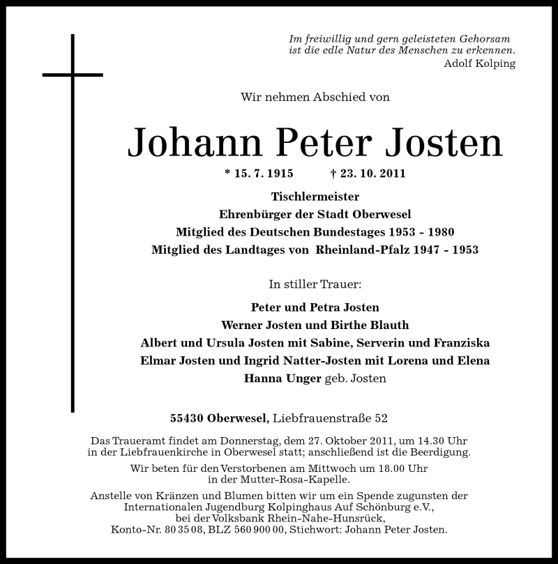  Traueranzeige für Johann Peter Josten vom 26.10.2011 aus Rhein-Zeitung