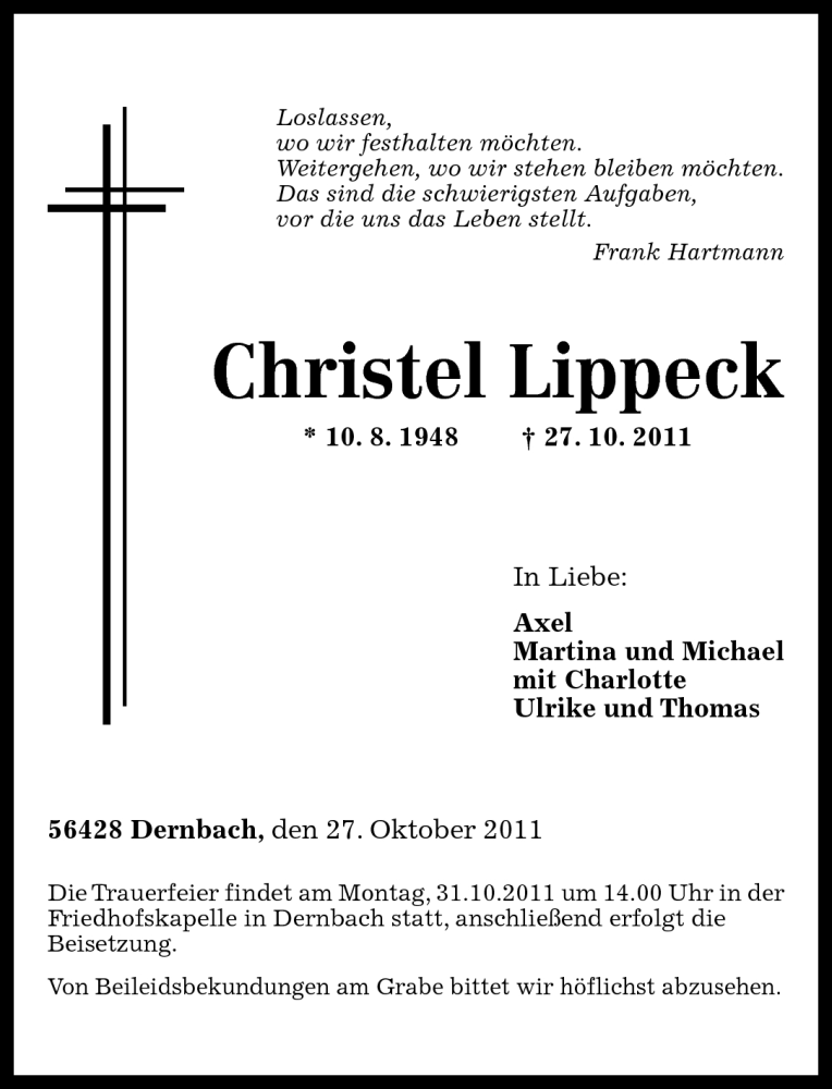 Traueranzeigen Von Christel Lippeck Rz Trauer De