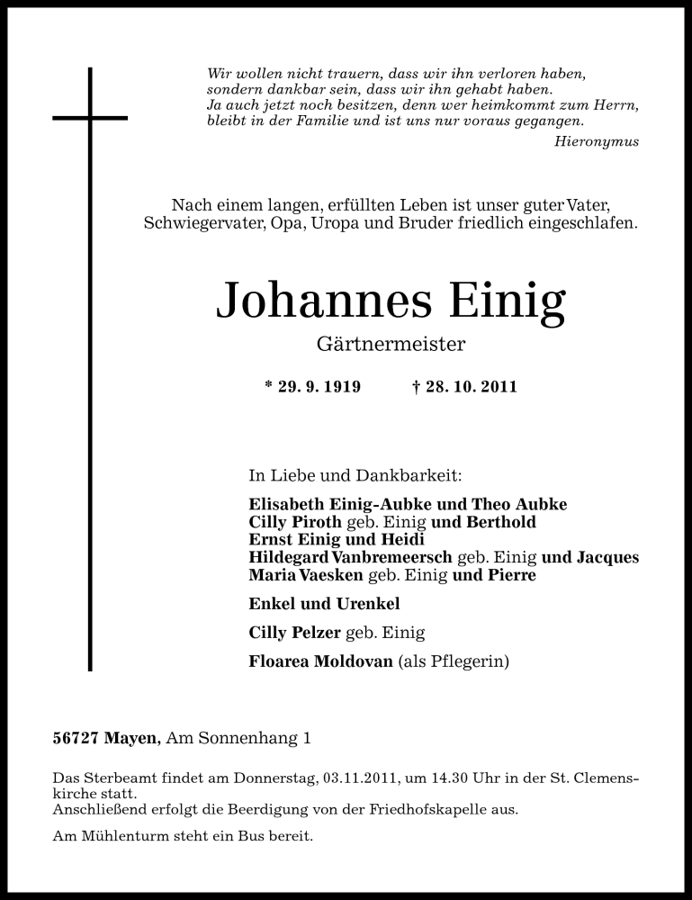  Traueranzeige für Johannes Einig vom 31.10.2011 aus Rhein-Zeitung
