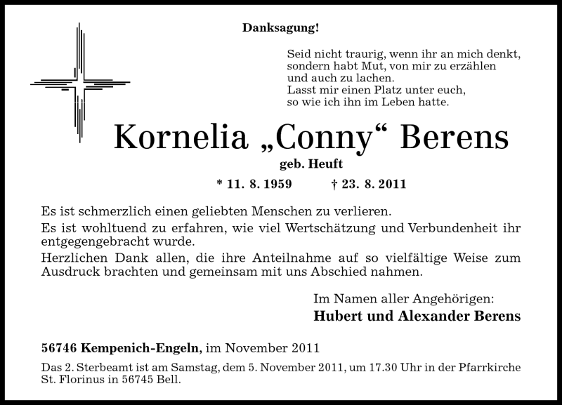  Traueranzeige für Kornelia „Conny“ Berens vom 02.11.2011 aus Rhein-Zeitung
