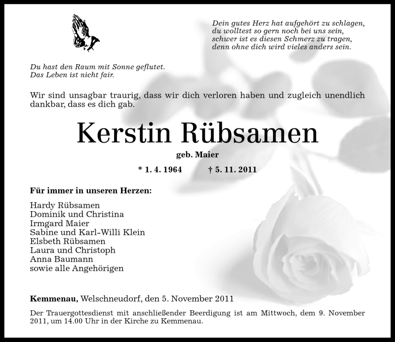 Traueranzeige für Kerstin Rübsamen vom 07.11.2011 aus Rhein-Zeitung