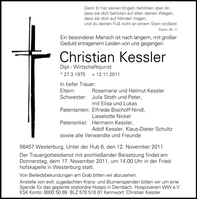  Traueranzeige für Christian Kessler vom 14.11.2011 aus Westerwälder Zeitung