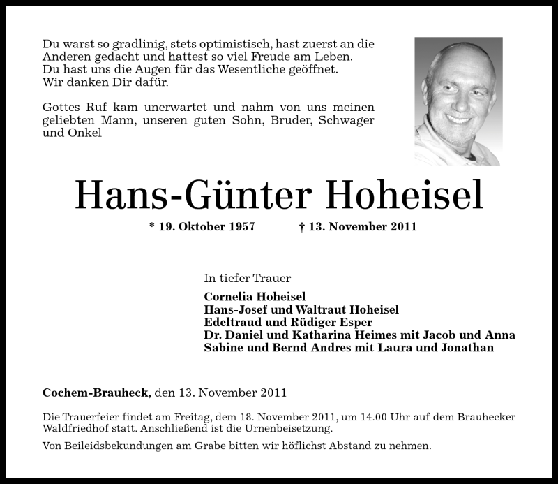  Traueranzeige für Hans-Günter Hoheisel vom 16.11.2011 aus Rhein-Zeitung