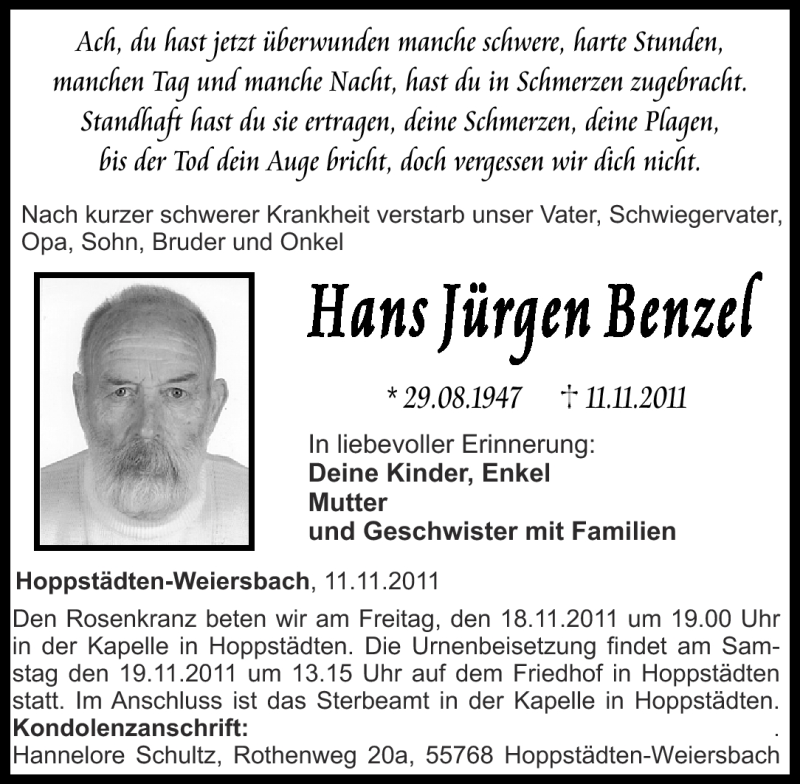  Traueranzeige für Hans Jürgen Benzel vom 16.11.2011 aus Nahe-Zeitung