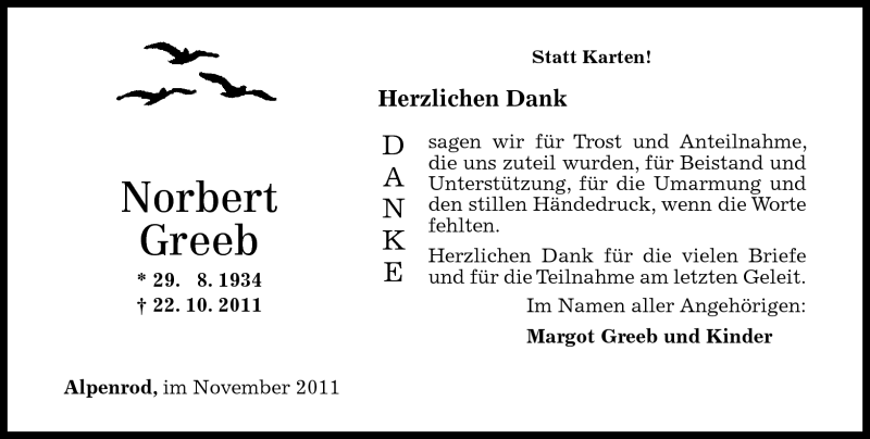  Traueranzeige für Norbert Greeb vom 19.11.2011 aus Westerwälder Zeitung