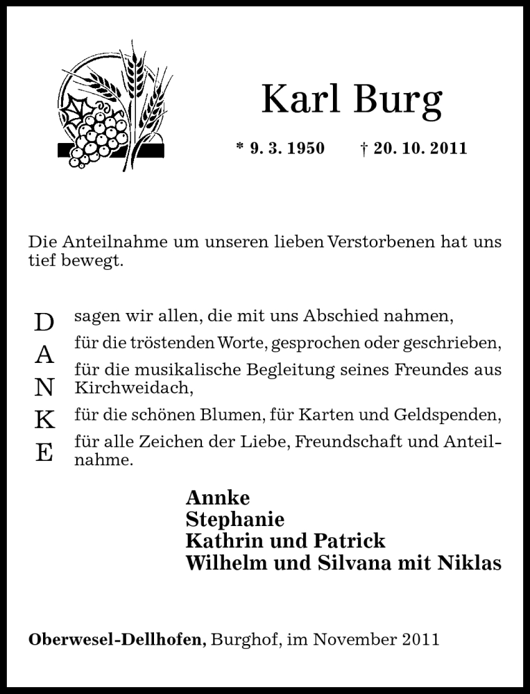  Traueranzeige für Karl Burg vom 19.11.2011 aus Rhein-Hunsrück-Zeitung