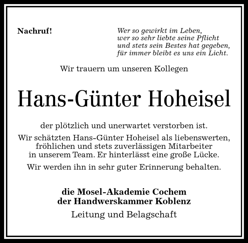  Traueranzeige für Hans-Günter Hoheisel vom 21.11.2011 aus Rhein-Zeitung