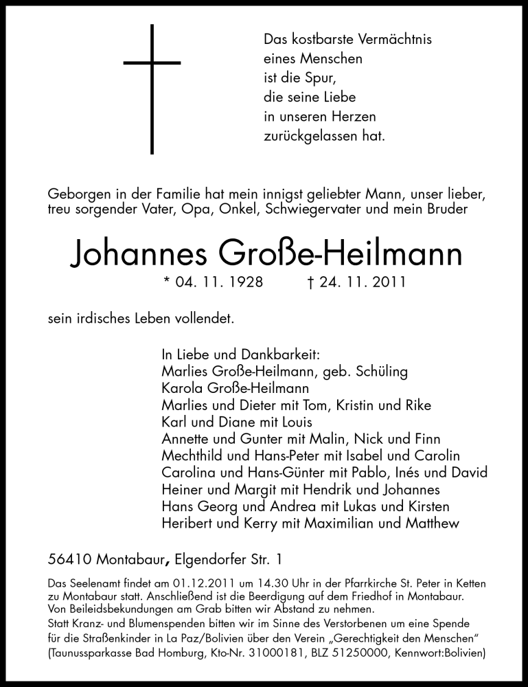  Traueranzeige für Johannes Große-Heilmann vom 26.11.2011 aus Westerwälder Zeitung