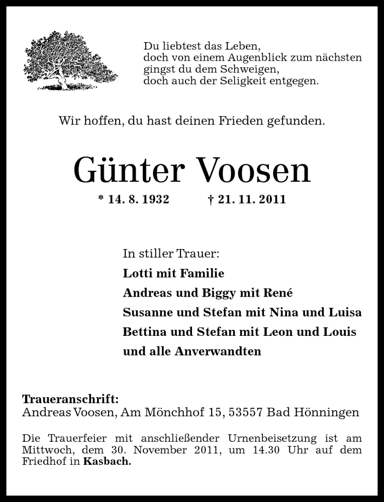  Traueranzeige für Günter Voosen vom 26.11.2011 aus Rhein-Zeitung
