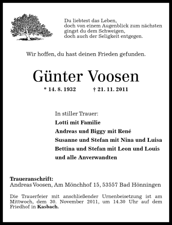 Traueranzeige von Günter Voosen von Rhein-Zeitung