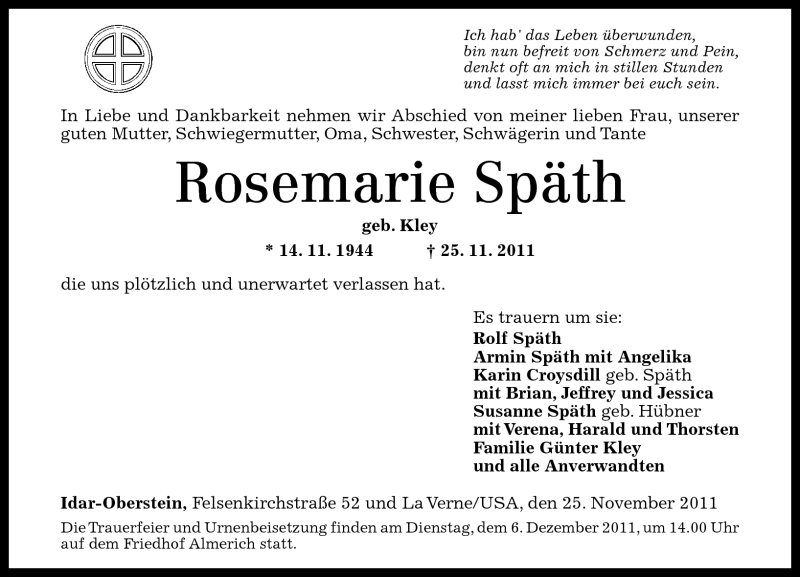  Traueranzeige für Rosemarie Späth vom 26.11.2011 aus Nahe-Zeitung
