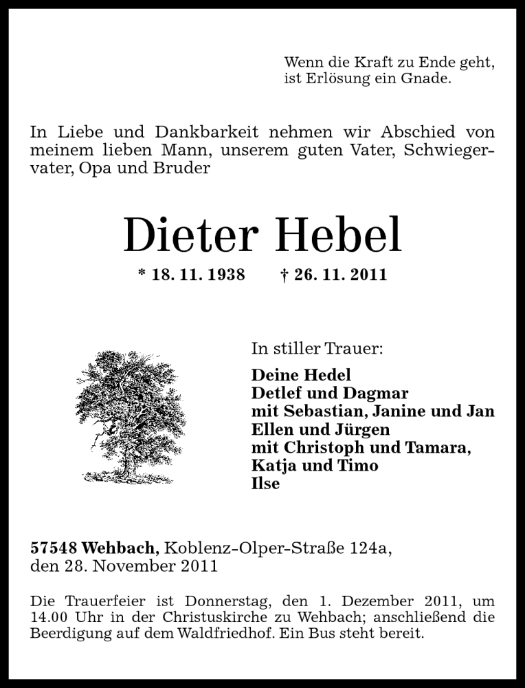  Traueranzeige für Dieter Hebel vom 28.11.2011 aus Rhein-Zeitung