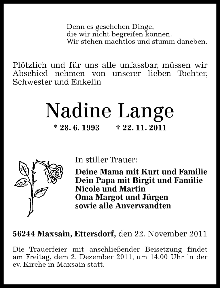  Traueranzeige für Nadine Lange vom 30.11.2011 aus Westerwälder Zeitung