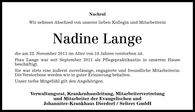  Traueranzeige für Nadine Lange vom 01.12.2011 aus Westerwälder Zeitung