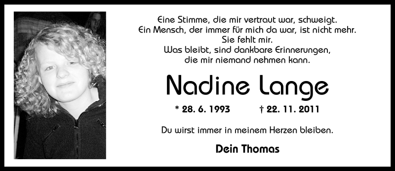  Traueranzeige für Nadine Lange vom 02.12.2011 aus Westerwälder Zeitung