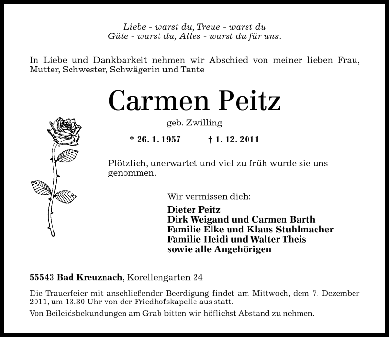  Traueranzeige für Carmen Peitz vom 03.12.2011 aus Oeffentlicher Anzeiger