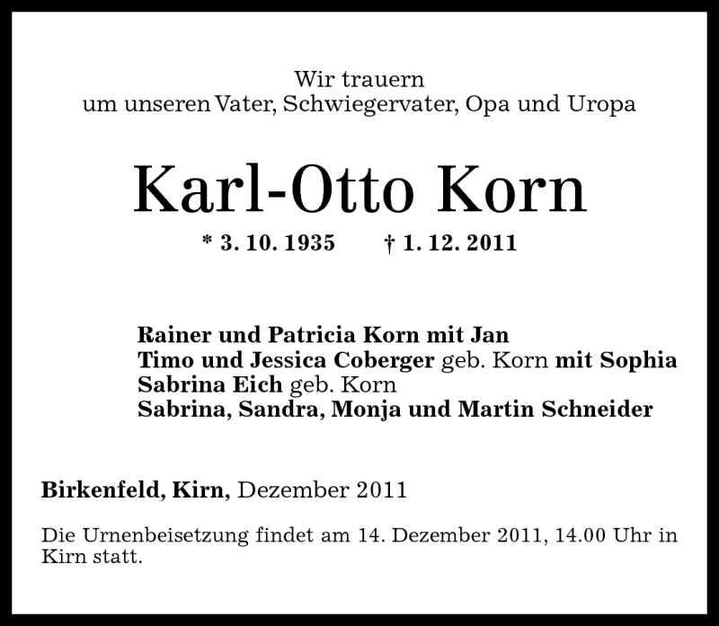  Traueranzeige für Karl-Otto Korn vom 07.12.2011 aus Nahe-Zeitung