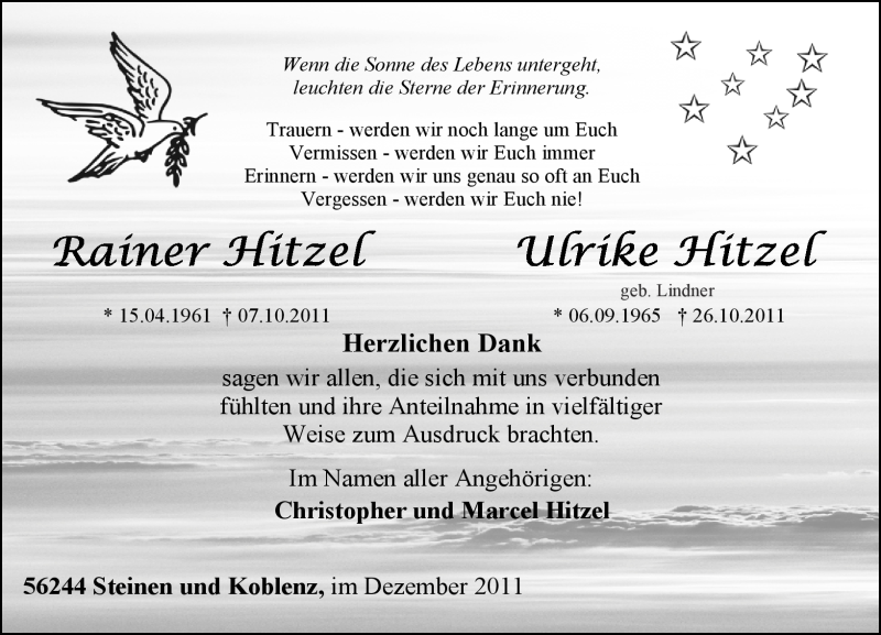  Traueranzeige für Ulrike und Rainer Hitzel vom 10.12.2011 aus Rhein-Zeitung