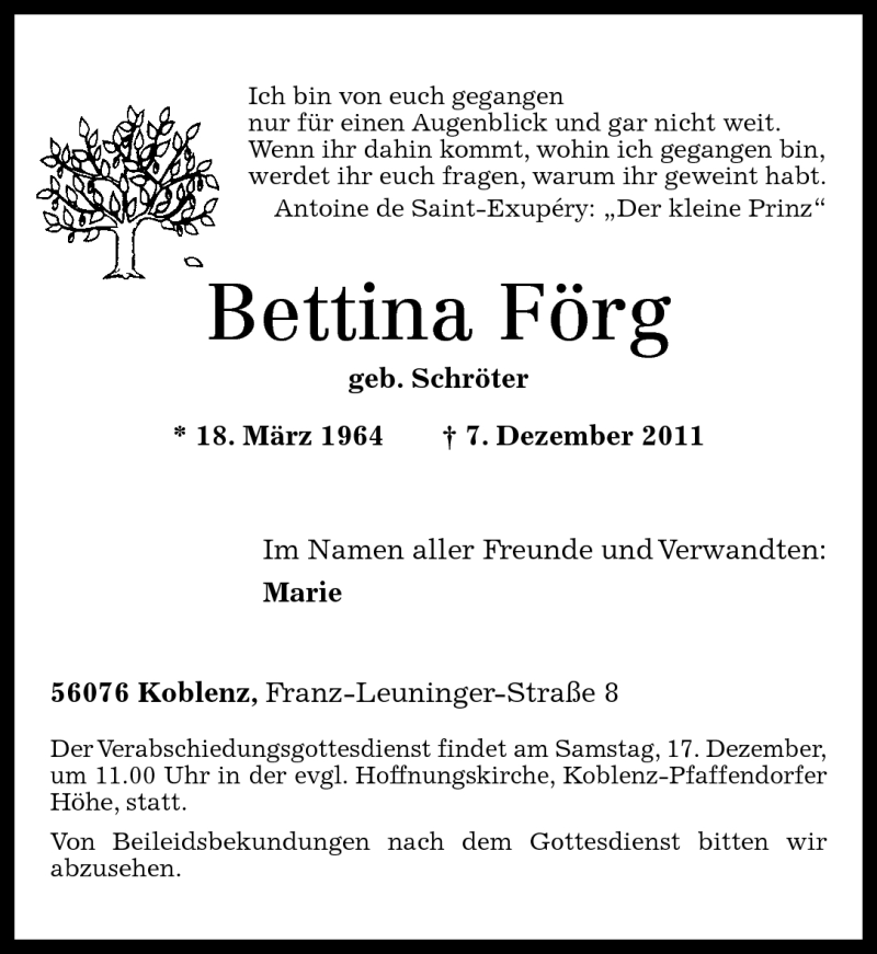  Traueranzeige für Bettina Förg vom 14.12.2011 aus Rhein-Zeitung