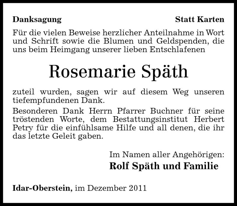  Traueranzeige für Rosemarie Späth vom 17.12.2011 aus Nahe-Zeitung