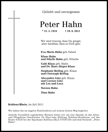Traueranzeige von Peter Hahn von Rhein-Zeitung