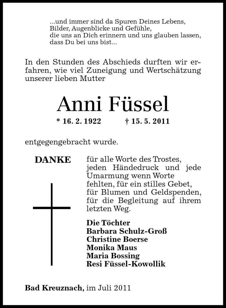  Traueranzeige für Anni Füssel vom 09.07.2011 aus Oeffentlicher Anzeiger