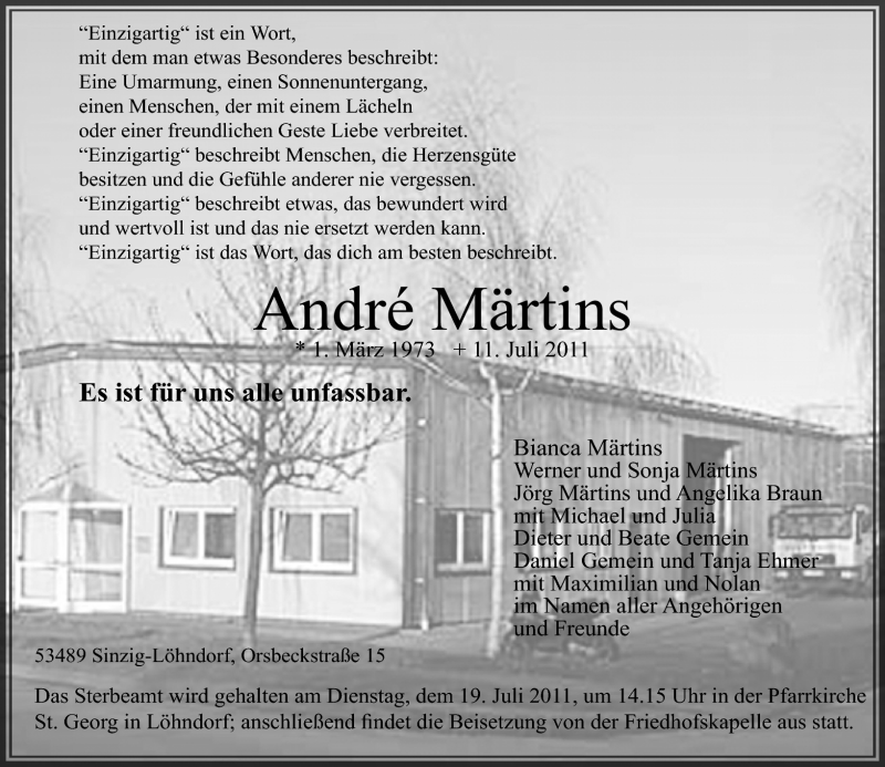  Traueranzeige für André Märtins vom 15.07.2011 aus Rhein-Zeitung