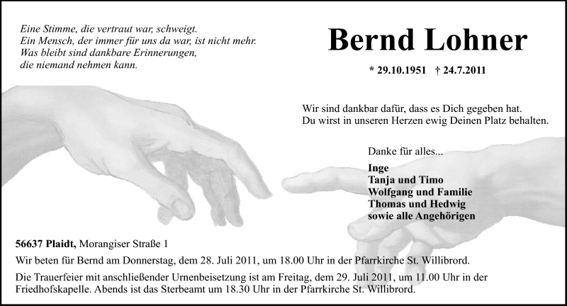  Traueranzeige für Bernd Lohner vom 27.07.2011 aus Rhein-Zeitung
